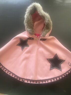 Betsey Johnson Pink Hooded Poncho with Faux Fur Trim and Gold Hardware